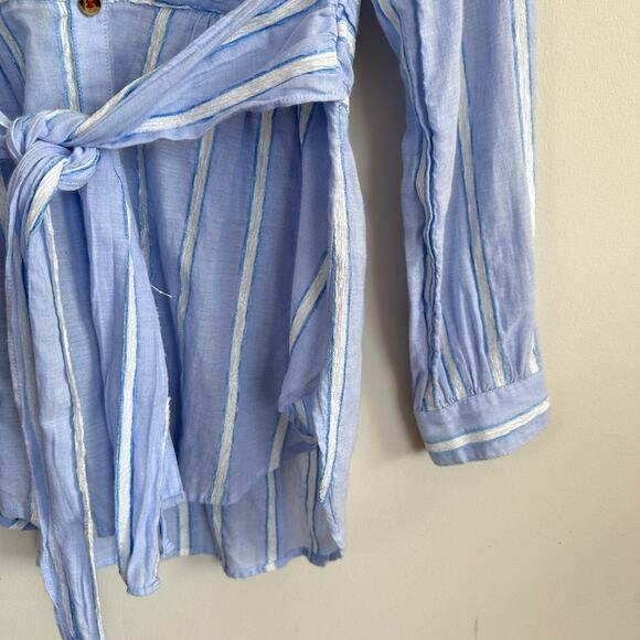 Anthropologie Building 18 South Seas Blue Button Down Belted Stripe Top Tunic 10 - Picture 3 of 12